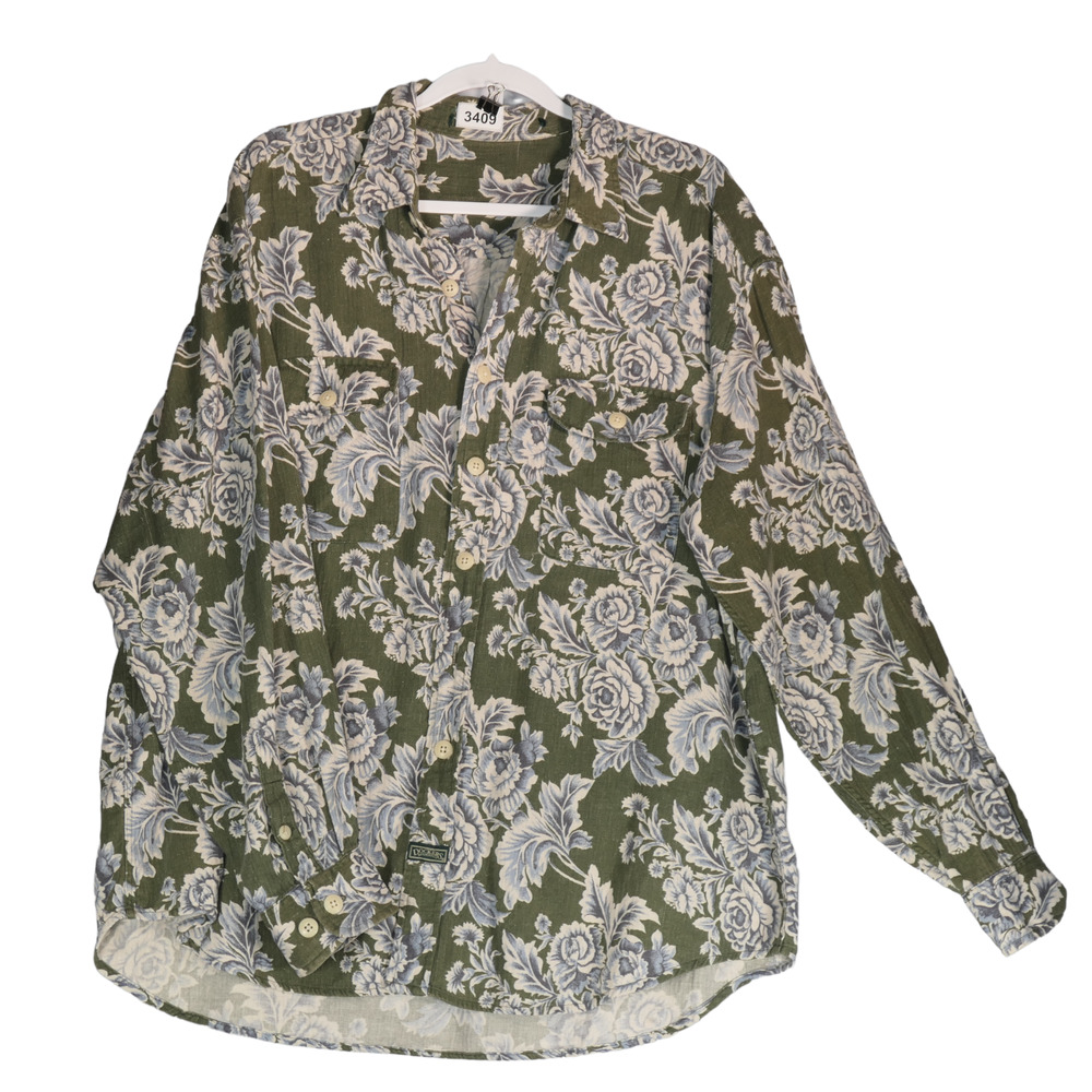 Dockers Mens Size XL Green Blue Floral Button Up Shirt Flap Pockets Long Sleeve